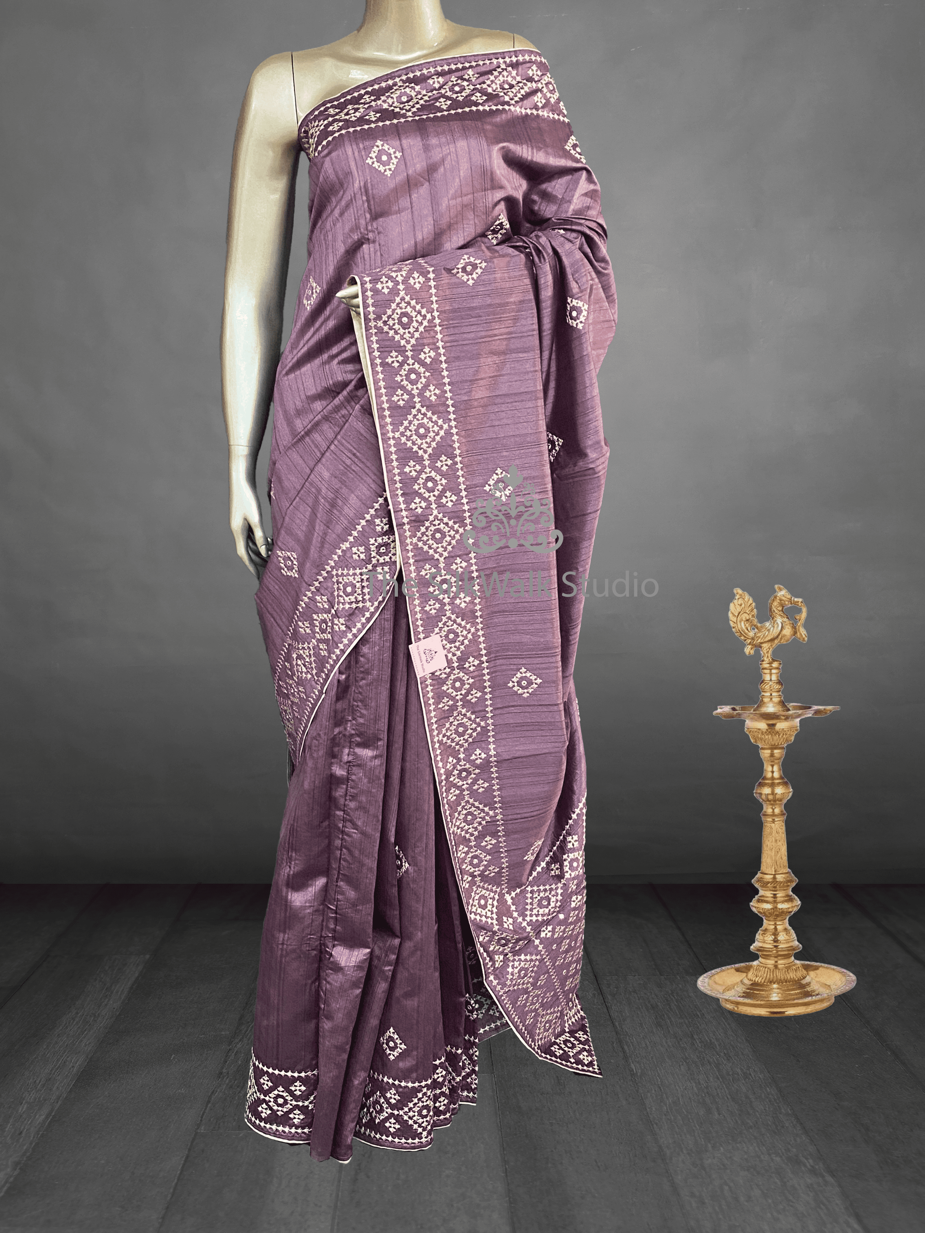 Tribhuva - Semi Tussar Sarees with Cross Stitch Pattern Border 9735
